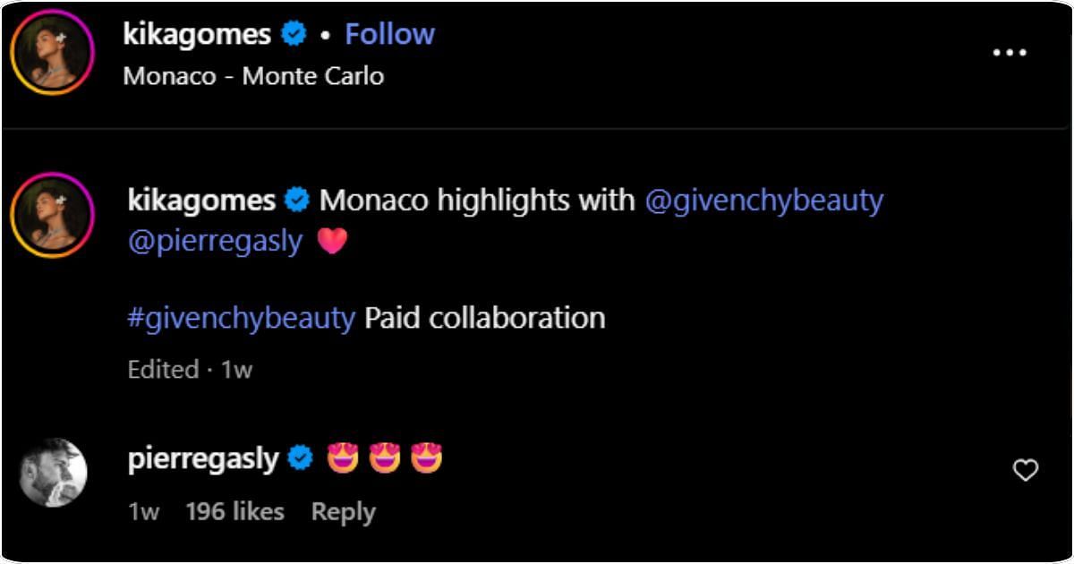 Pierre Gasly reacted after his girlfriend shared her highlight from the Monaco Grand Prix. Image: @kikagomes via Instagram
